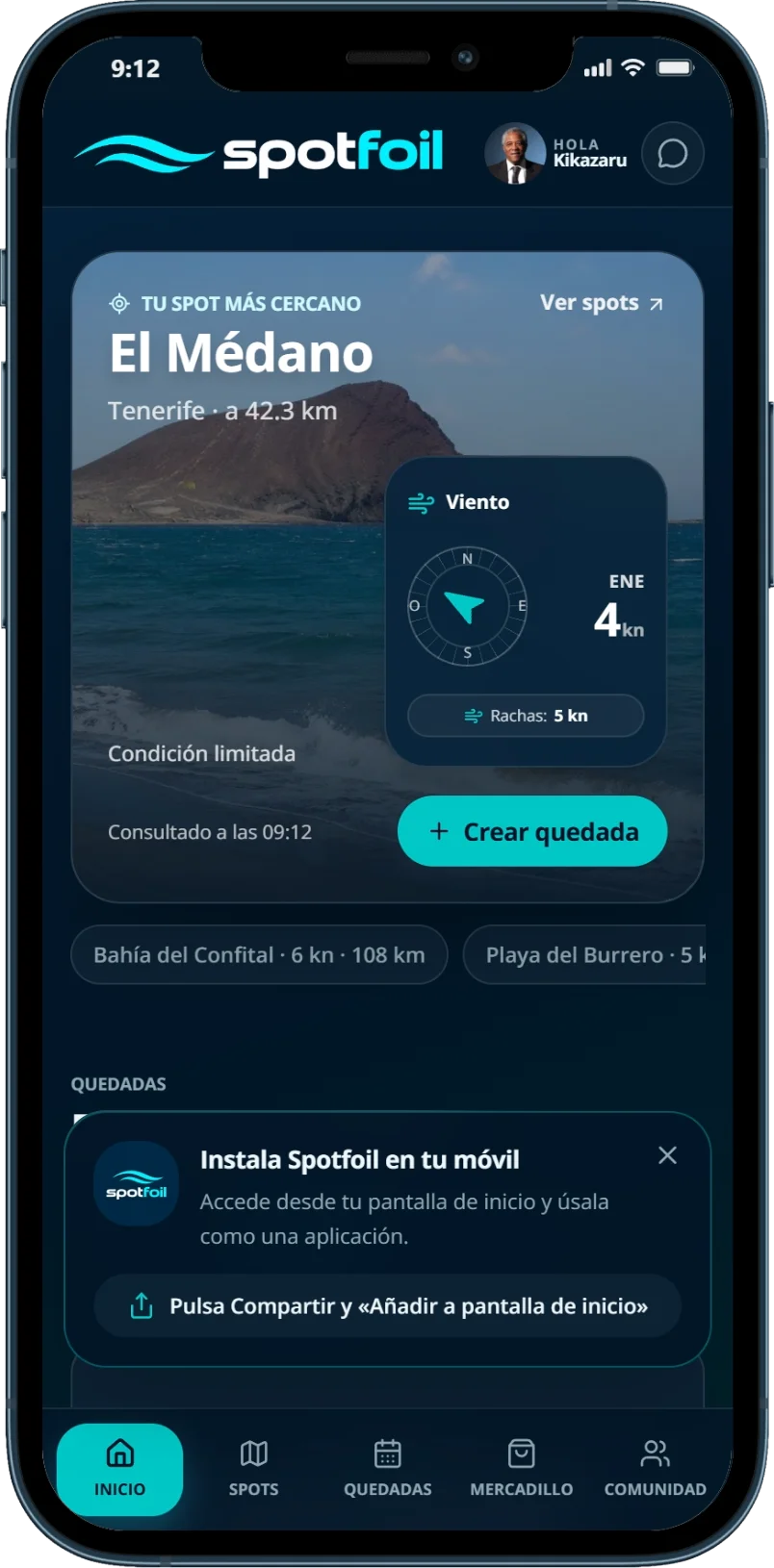 Pantalla de inicio de Spotfoil con el spot más cercano y sus condiciones de viento